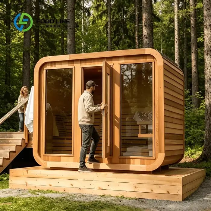 Sauna en bois sur mesure pour extérieur avec toit durable et bandes métalliques pour une expérience 