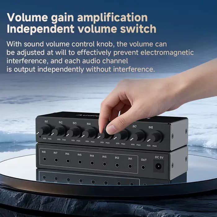 ABUO-Selector Entrée AUX avec contrôle du volume, mélangeur audio 8 entrées 1 sortie, 8 ports 3,5 mm