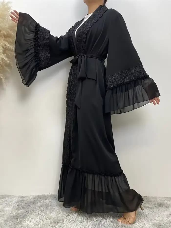 Abayas noires musulmanes avec ceinture pour femmes, Djellaba marocaine, Dubaï, manches évasées brodées, dentelle, Eid, Islam