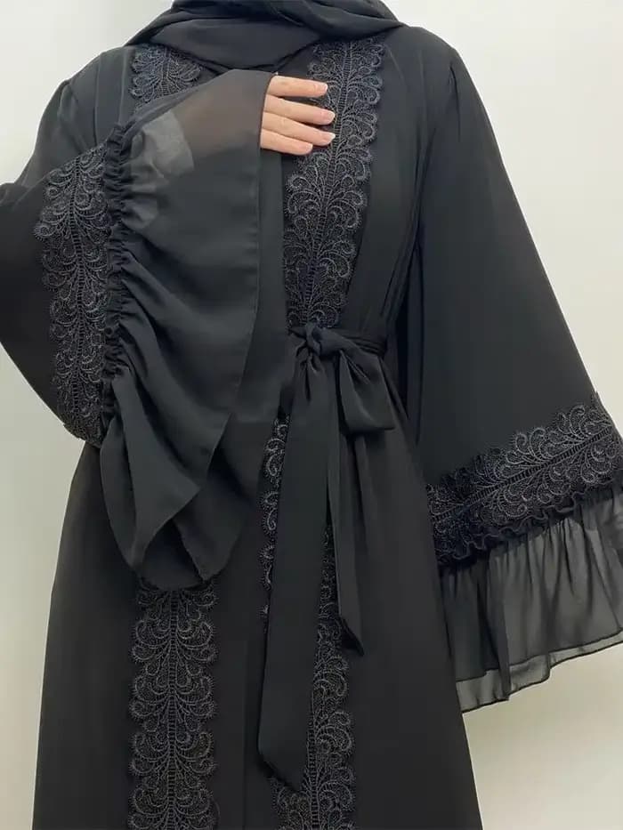 Abayas noires musulmanes avec ceinture pour femmes, Djellaba marocaine, Dubaï, manches évasées brodées, dentelle, Eid, Islam
