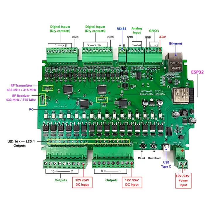 ESPHome – carte de commutation de relais ESP32, Assistant domestique A16 MQTT TCP Web HTTP Tuya Tasmota Arduino IDE, fournit un Code d'échantillon I2C RS485
