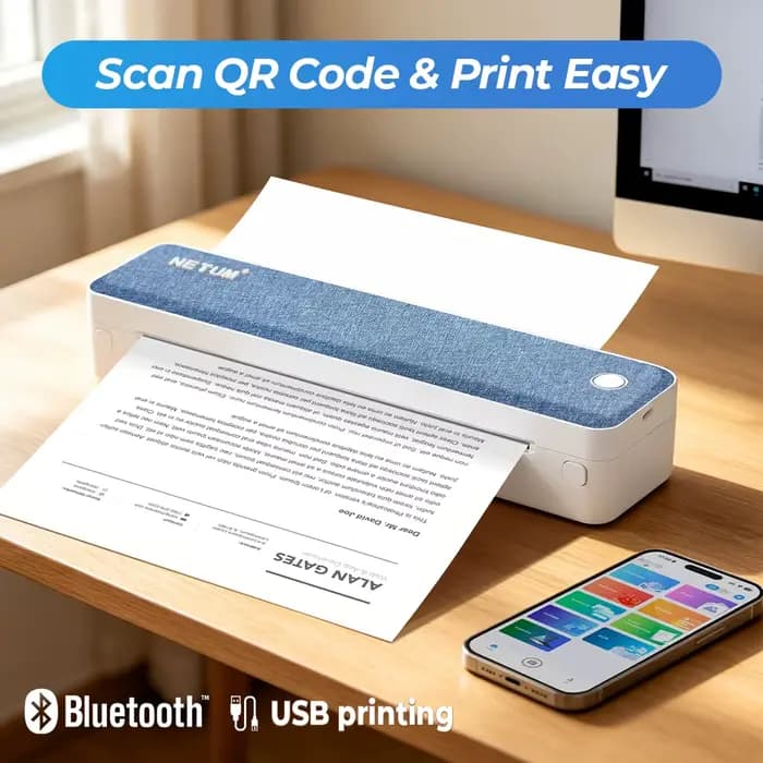 Imprimante portable A4 sans encre, imprimante mobile Bluetooth pour iPhone, iPad, ordinateur portable, PC, imprimante miniature pour documents et photos au format lettre