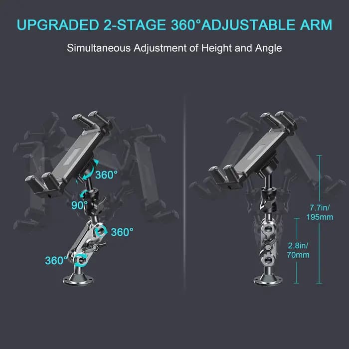 Support de tablette de Base de forage robuste en aluminium, support de voiture pour tableau de bord, 360 °   Support réglable en 2 étapes pour iPad 4,7-12,9"