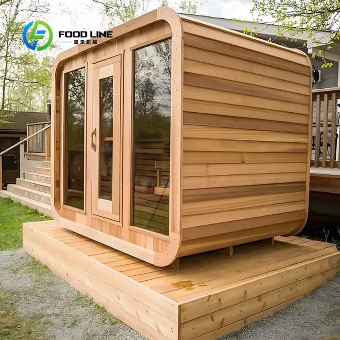 Sauna en bois sur mesure pour extérieur avec toit durable et bandes métalliques pour une expérience spa à domicile. Commande en gros pour économiser de l'argent.