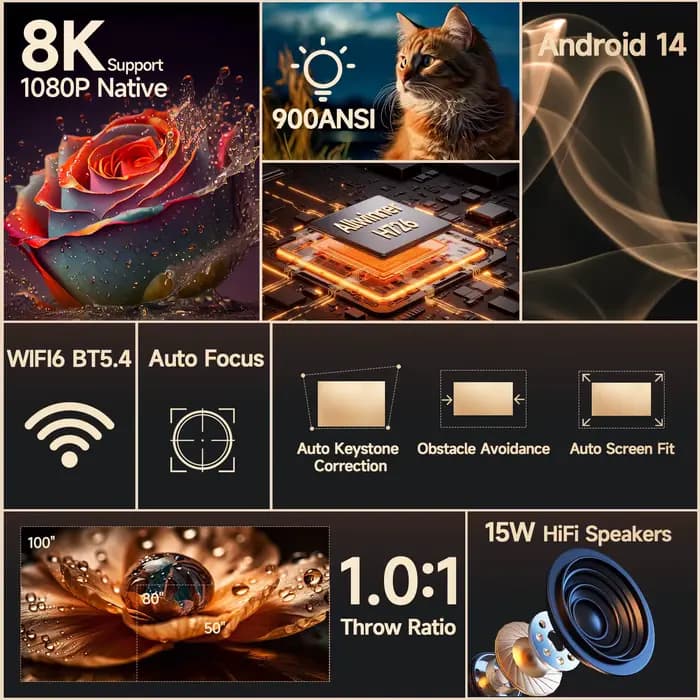 Magcubic 900ANSI Android 14 projecteur mise au point automatique prise en charge 8K natif 1080P avec Wifi6 BT5.4 16G Allwinner H726 Portable HY350Max