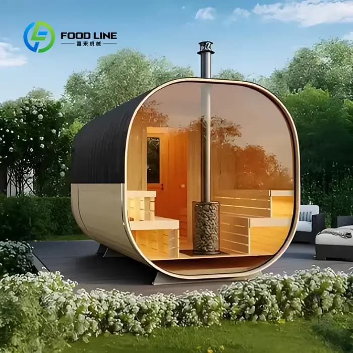 Sauna en bois sur mesure pour extérieur avec toit durable et bandes métalliques pour une expérience spa à domicile. Commande en gros pour économiser de l'argent.