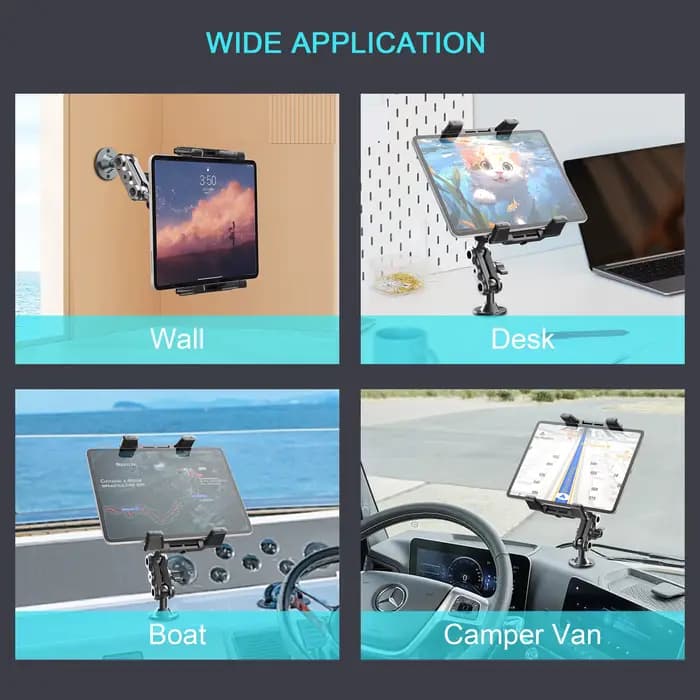 Support de tablette de Base de forage robuste en aluminium, support de voiture pour tableau de bord, 360 °   Support réglable en 2 étapes pour iPad 4,7-12,9"