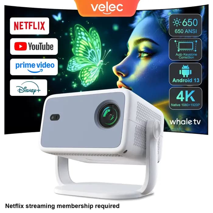 Projecteur Velec TP350 NTV Compatible avec Netflix 650ANSI Android 13 Native 1080P