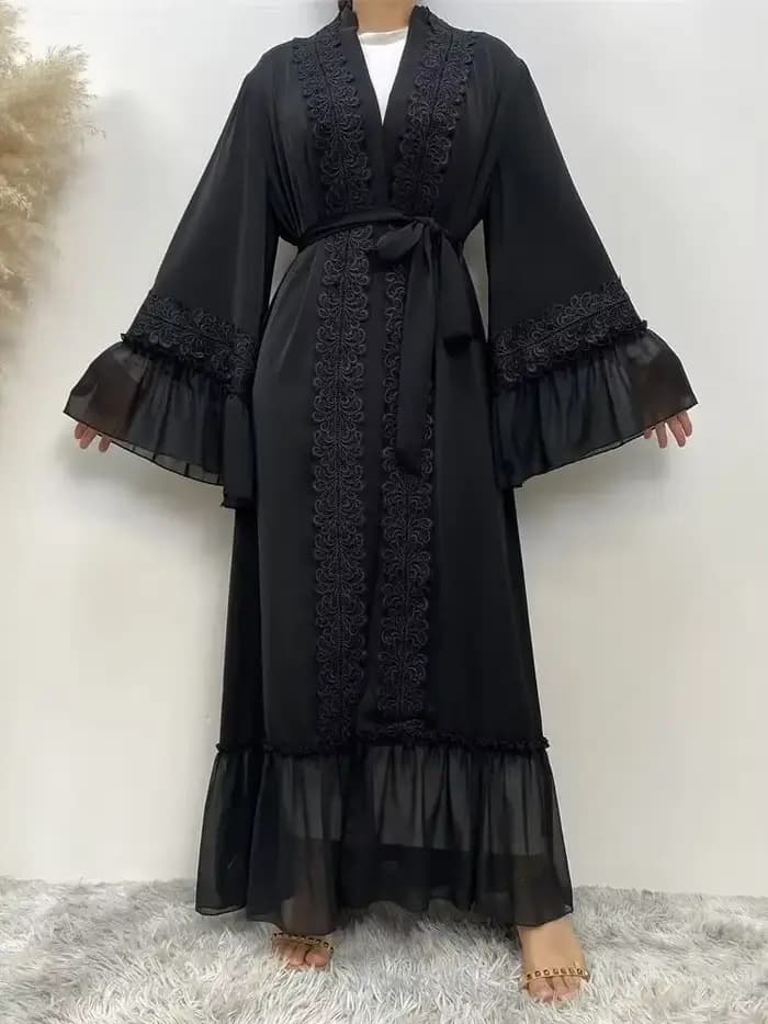 Abayas noires musulmanes avec ceinture pour femmes, Djellaba marocaine, Dubaï, manches évasées brodées, dentelle, Eid, Islam