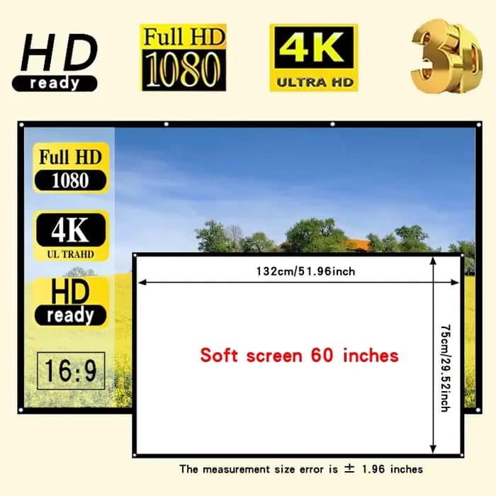 Écran de projection HD 16:9 60/72/84/100/120/150 pouces, pas besoin de trous, pliable, lavable, port