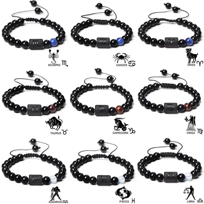 Bracelet tressé en pierre naturelle pour hommes et femmes, perles Reiki, bijoux de charme, bracelet de couple, 12 constellations, noir