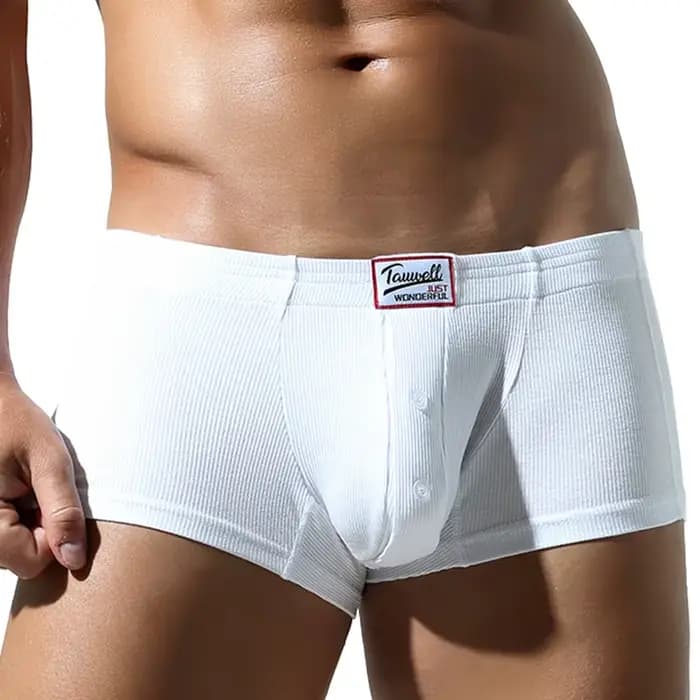 Sous-vêtements plats pour hommes, en coton synthétique, haute élasticité, rehaussés, avec décoration de boutons, coupe ajustée confortable, couleur unie.