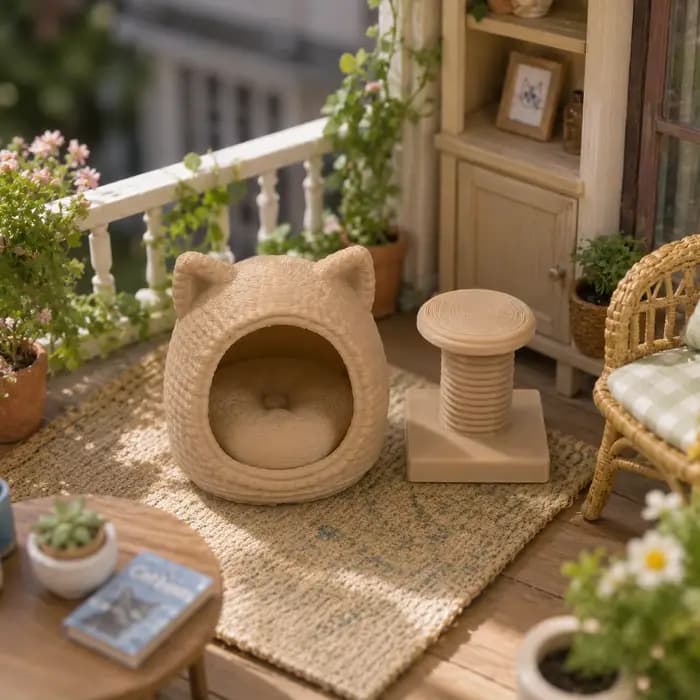 Ensemble de 2 lits miniatures pour chats, modèle arbre à chat - parfait pour les amateurs de miniatures et un cadeau créatif pour les amoureux des chats.