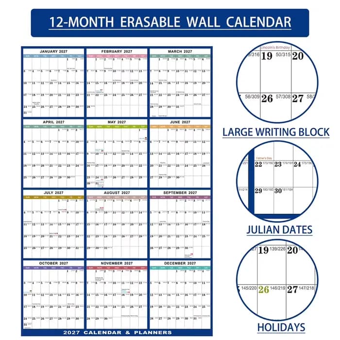 Calendrier annuel 2027 extra large 23x35 pouces, papier épais de qualité supérieure, design suspendu robuste et effaçable, pour chambre à coucher et salon