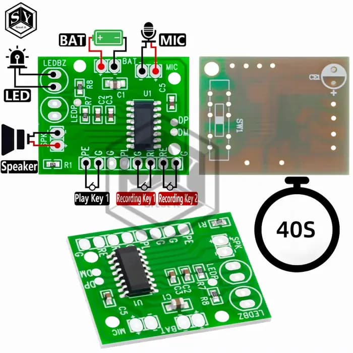 Module d'enregistrement Audio soudable 3v-4.5v, lecture en boucle 40s avec indicateur LED pour bricolage