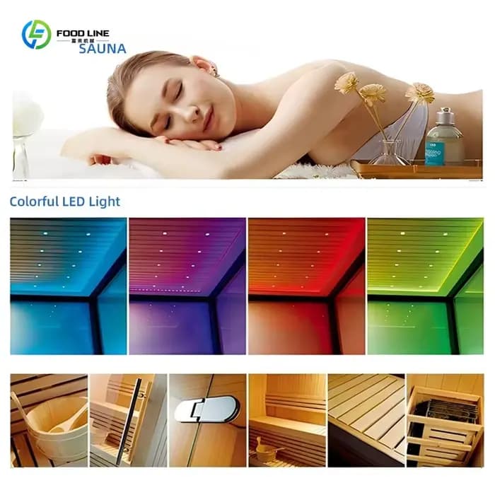 Centre de sauna extérieur multi-espaces commercial, sauna de jardin toutes saisons avec douche complète et installations sanitaires