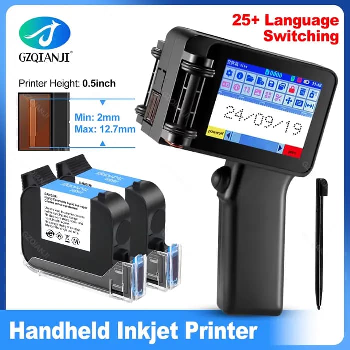 Pistolet d'imprimante à jet d'encre portatif, petit Portable avec écran tactile HD LED 4.3 pouces avec cartouche 0/1/2 pièces 12.7mm pour code à barres QR Code