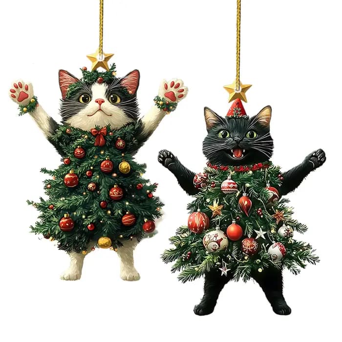 Arbre de noël chat DecorCat, ornements d'arbre de noël 2D plat en acrylique, Costume d'arbre de vacances, pendentif chaton, ornements suspendus