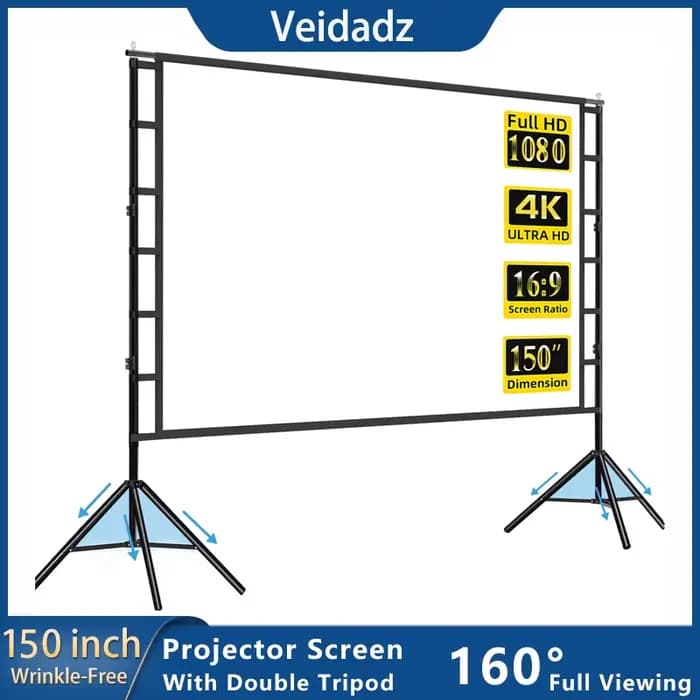 Écran de projecteur VEIDADZ avec support blanc sans plis 160 ° Angle de vision 60-150 pouces