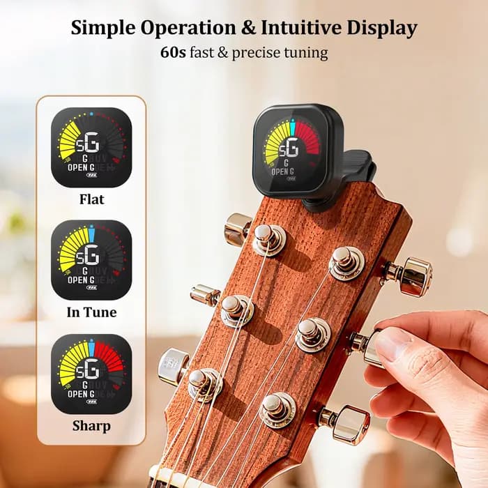Accordeur de guitare New Bee à clip, écran couleur 360 ° Accordeur acoustique rotatif à accord ouvert pour guitare, basse, ukulélé, violon, violoncelle