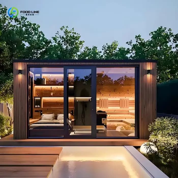 Centre de sauna extérieur multi-espaces commercial, sauna de jardin toutes saisons avec douche complète et installations sanitaires