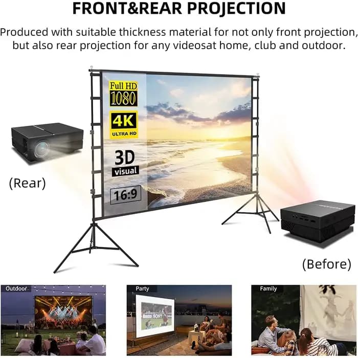 Écran de projecteur VEIDADZ avec support blanc sans plis 160 ° Angle de vision 60-150 pouces