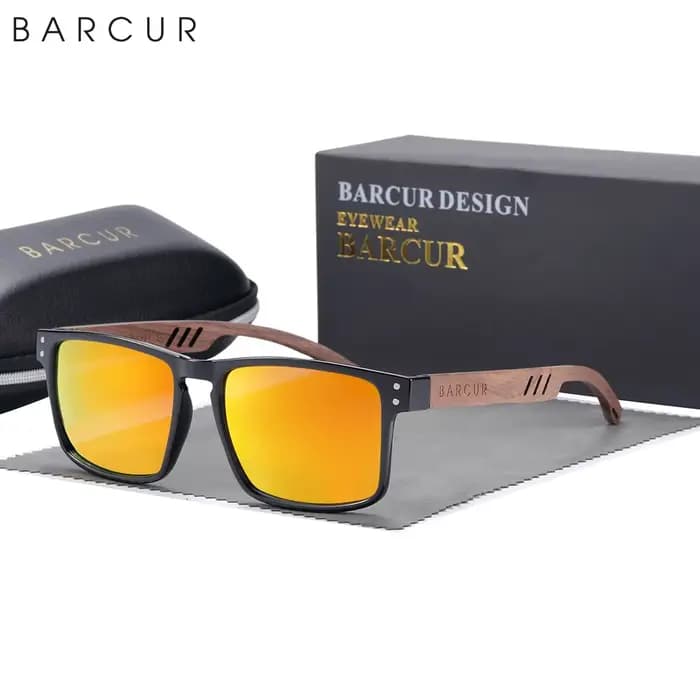 BARCUR-Lunettes de soleil polarisées en bois naturel pour hommes, design original, lunettes de soleil d'affaires, lunettes carrées, lunettes de marque de luxe