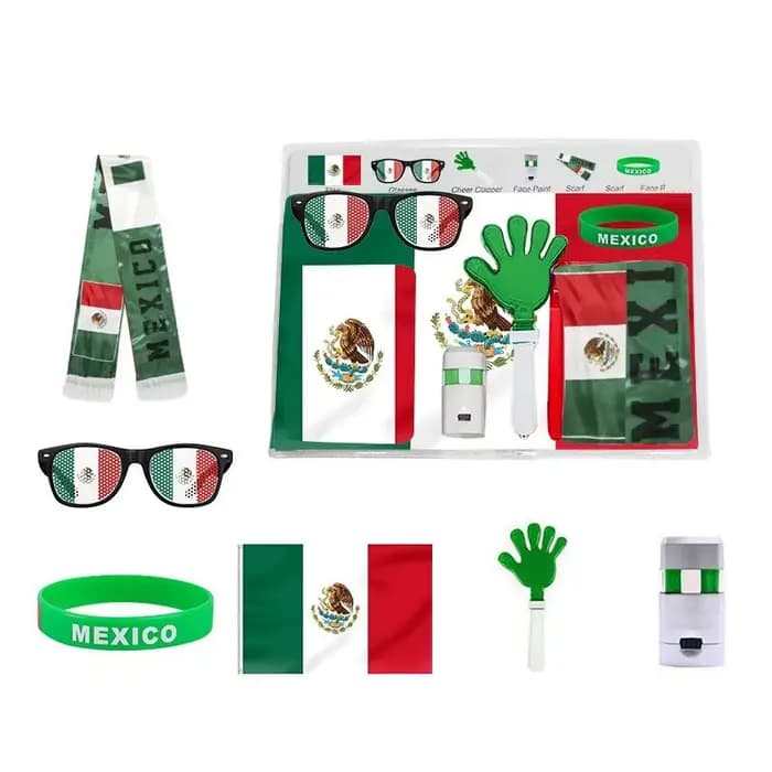 Kit d'accessoires pour supporters sur le thème du football 2026 : Peinture pour les yeux et le visage, écharpe de supporter à motif drapeau national, claquettes, bracelets et lunettes