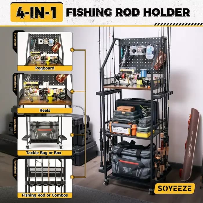Supports de cannes à pêche pour garage, supports de cannes à pêche pour 12 cannes avec crochets pour panneau perforé, chariot de pêche roulant, boîte à pêche, rangement d'équipement