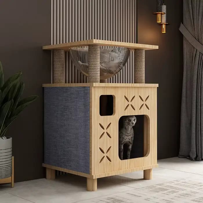 Arbre à chat pour chats d'intérieur, structure d'escalade en bois de pin massif, poteau à gratter en corde de sisal naturelle, mobilier pour chat peu encombrant
