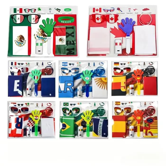 Kit d'accessoires pour supporters sur le thème du football 2026 : Peinture pour les yeux et le visage, écharpe de supporter à motif drapeau national, claquettes, bracelets et lunettes