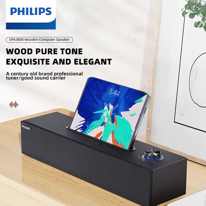 La barre de son Philips SPA 3808 comprend une conception simple de grain de bois