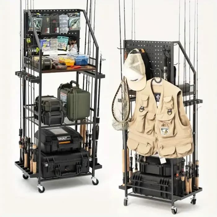 Supports de cannes à pêche pour garage, supports de cannes à pêche pour 12 cannes avec crochets pour panneau perforé, chariot de pêche roulant, boîte à pêche, rangement d'équipement