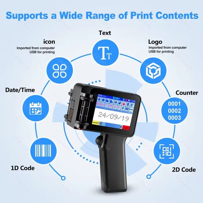 Pistolet d'imprimante à jet d'encre portatif, petit Portable avec écran tactile HD LED 4.3 pouces avec cartouche 0/1/2 pièces 12.7mm pour code à barres QR Code
