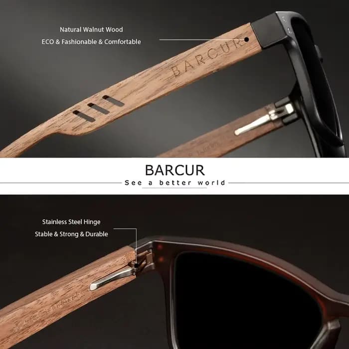 BARCUR-Lunettes de soleil polarisées en bois naturel pour hommes, design original, lunettes de soleil d'affaires, lunettes carrées, lunettes de marque de luxe