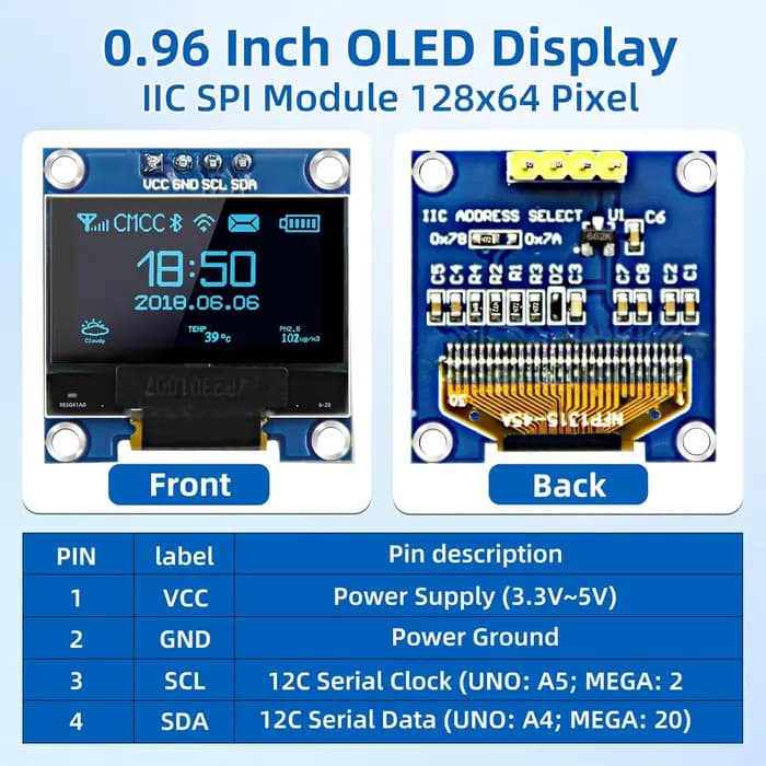 Module d'affichage OLED 0.96 pouces, 5 pièces, 128x64 SSD1306, panneau d'affichage OLED I2C lumineux Compatible avec Arduino Raspberry Pi ESP32 (blanc)