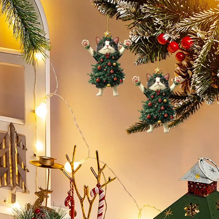 Arbre de noël chat DecorCat, ornements d'arbre de noël 2D plat en acrylique, Costume d'arbre de vacances, pendentif chaton, ornements suspendus