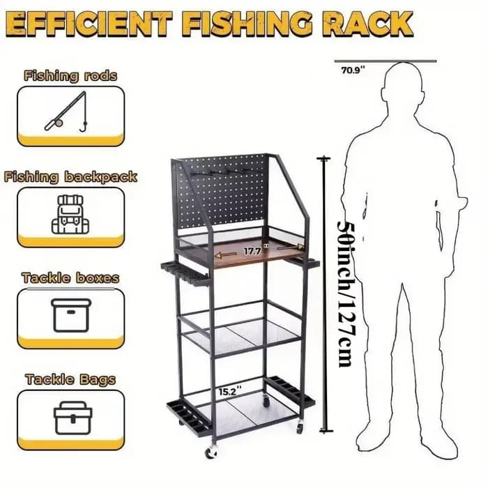 Supports de cannes à pêche pour garage, supports de cannes à pêche pour 12 cannes avec crochets pour panneau perforé, chariot de pêche roulant, boîte à pêche, rangement d'équipement