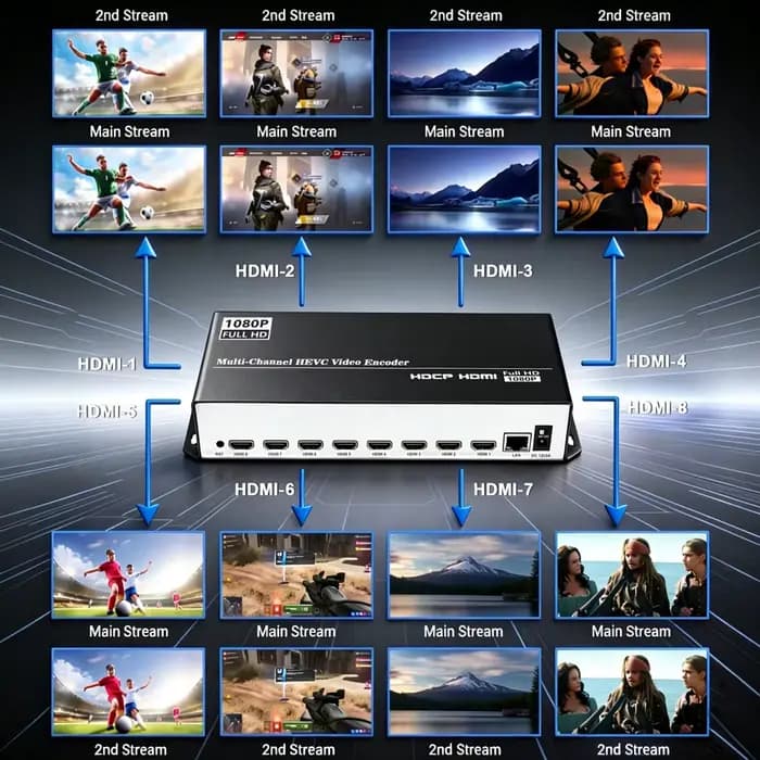 Encodeur vidéo réseau multi-canaux H.264 H.265 HD 1080P HDMI, prend en charge MP4 UDP HLS RTMPS RTSP SRT ONVIF IPTV