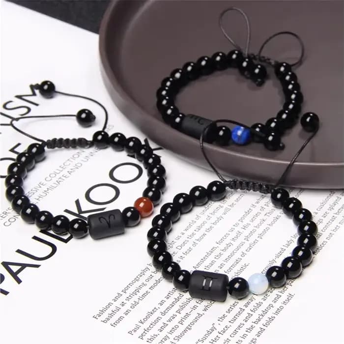 Bracelet tressé en pierre naturelle pour hommes et femmes, perles Reiki, bijoux de charme, bracelet de couple, 12 constellations, noir