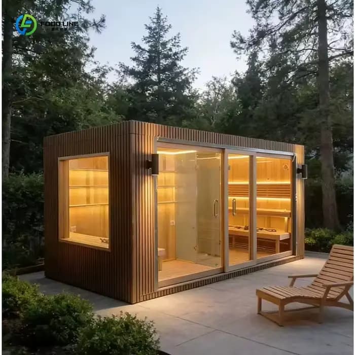 Centre de sauna extérieur multi-espaces commercial, sauna de jardin toutes saisons avec douche complète et installations sanitaires