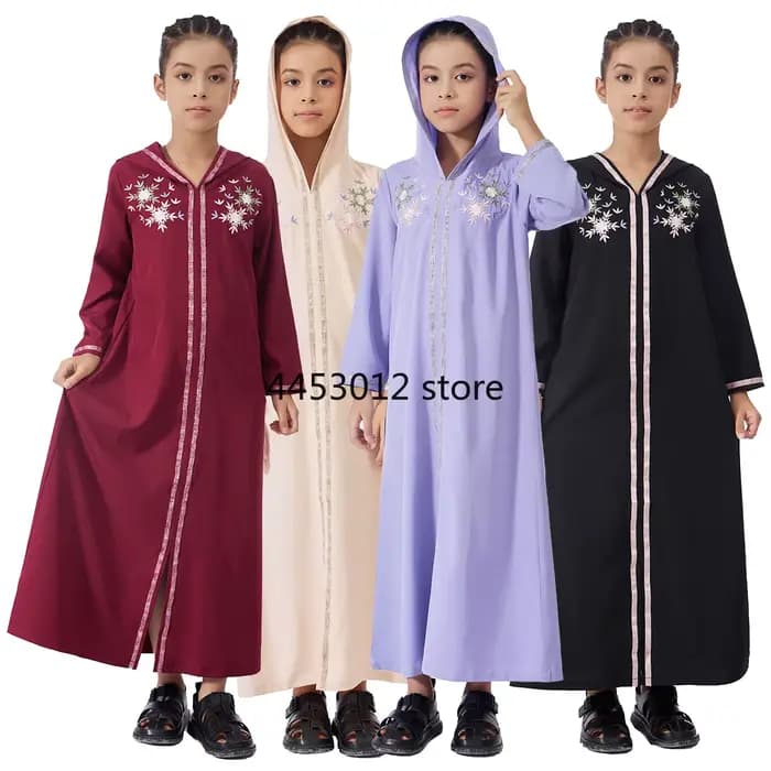 Eid Djellaba Abayas à capuche pour enfants filles Robe brodée musulmane Ramadan Dubai Kaftan Kebaya Caftan Marocain Jalabiya Robe