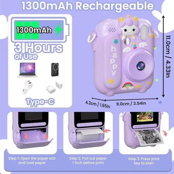 Appareil photo instantané pour enfants avec écran de 2,4 pouces, appareil photo numérique HD 1080P, appareil photo portable pour impression, jouet pour enfants, cadeau d'anniversaire ou de Noël