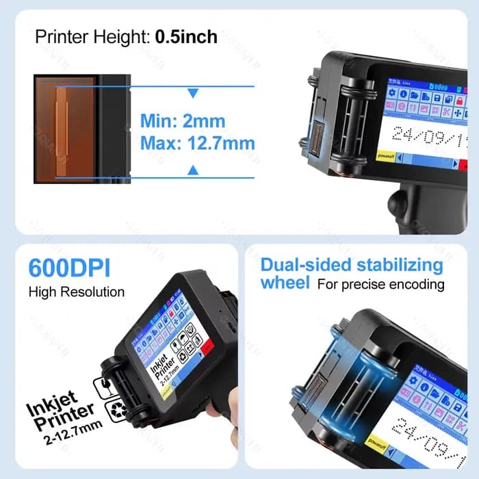 Pistolet d'imprimante à jet d'encre portatif, petit Portable avec écran tactile HD LED 4.3 pouces avec cartouche 0/1/2 pièces 12.7mm pour code à barres QR Code