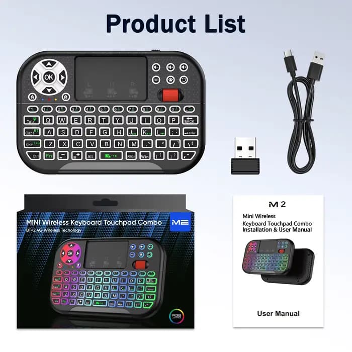 Clavier sans fil MRSVI 2.4G+BT avec rétroéclairage 8 couleurs, pavé tactile à molette de défilement et souris aérienne pour Smart TV/PC/Projecteur