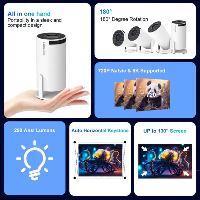 Projecteur MAGCUBIC HY300 PRO 8K Android 14 double Wifi6 290ANSI Allwinner H726 BT5.4 1080P 1280*720P