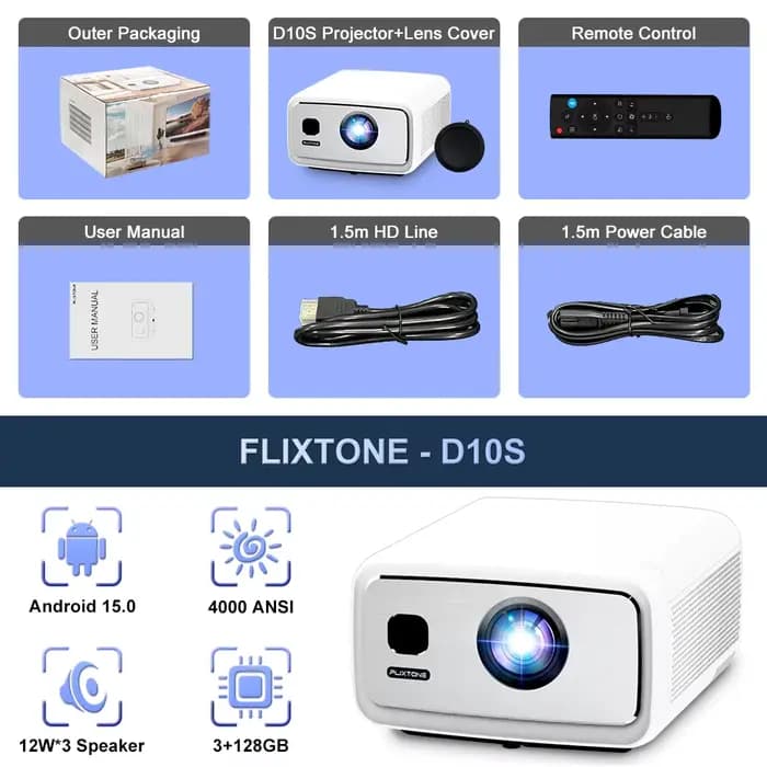Projecteur Full HD Flixtone 4000 Ansi 4k D10S 3G 128 G, projecteurs Beam pour cinéma maison, vidéo A