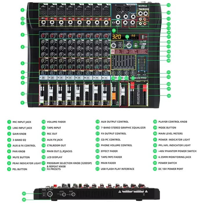BOMGE Console de mixage audio professionnelle 8 canaux DJ 320 DSP Bluetooth USB Alimentation fantôme 48V Égaliseur 7 bandes Sortie REC Aux Karaoké