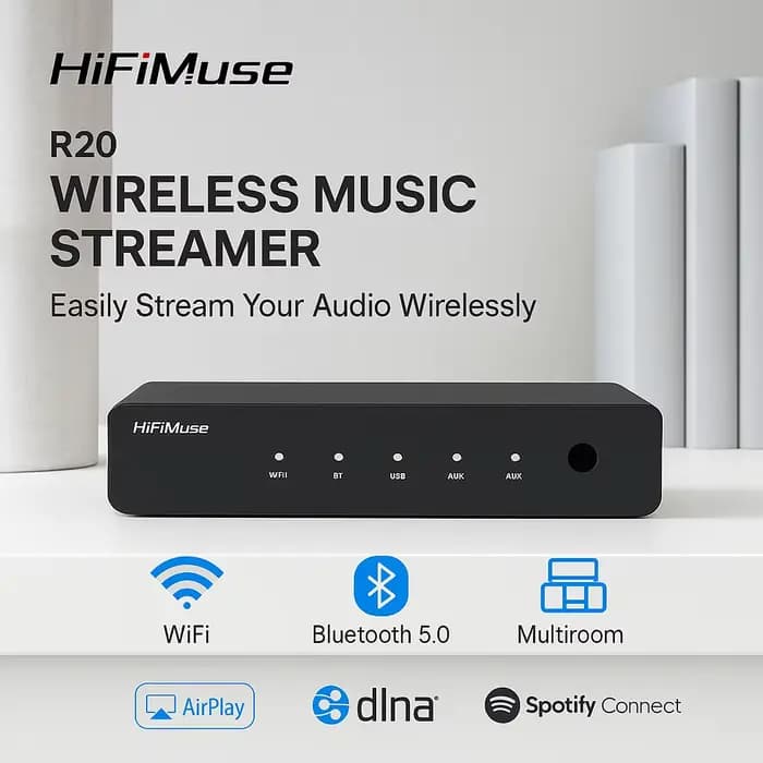 HiFiMuse R20 Streamer de musique sans fil AirPlay DLNA Spotify Connect récepteur Audio Multiroom avec Bluetooth 5.0 USB DAC AUX WiFi