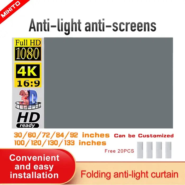 MIXITO écran de projecteur Simple 16:9 rideau Anti-lumière 30 72 84 92 100 106 120 130 133 pouces ma